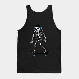 Funny skeleton skateboarder with headphones Tank Top